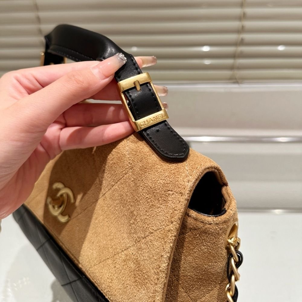 Chanel Large Flap Bag With Top Handle Shiny And Gold Tone Metal Brown Black 29Cm AS5637 B20827 U1536