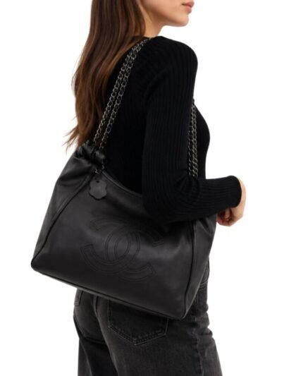 Chanel Large Hobo Bag Black Leather Chain Strap 36Cm
