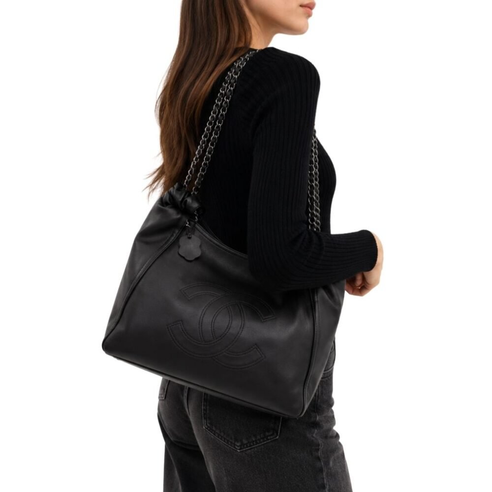 Chanel Large Hobo Bag Black Leather Chain Strap 36Cm