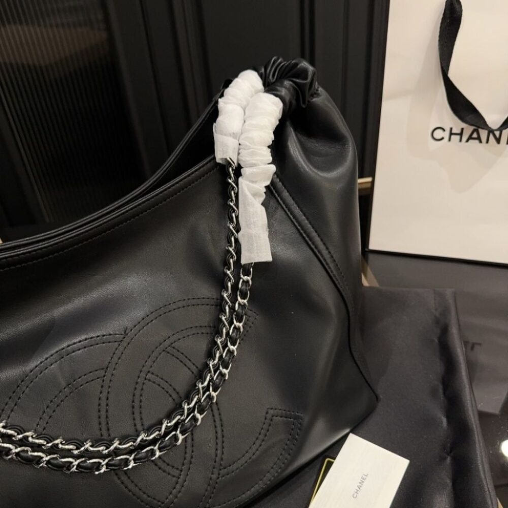 Chanel Large Hobo Bag Black Leather Chain Strap 36Cm