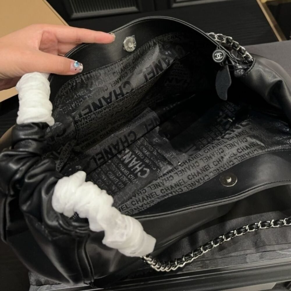 Chanel Large Hobo Bag Black Leather Chain Strap 36Cm