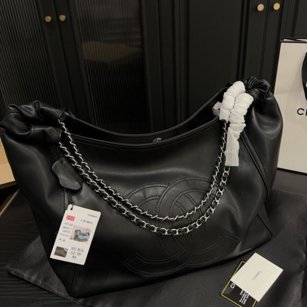 Chanel Large Hobo Bag Black Leather Chain Strap 36Cm