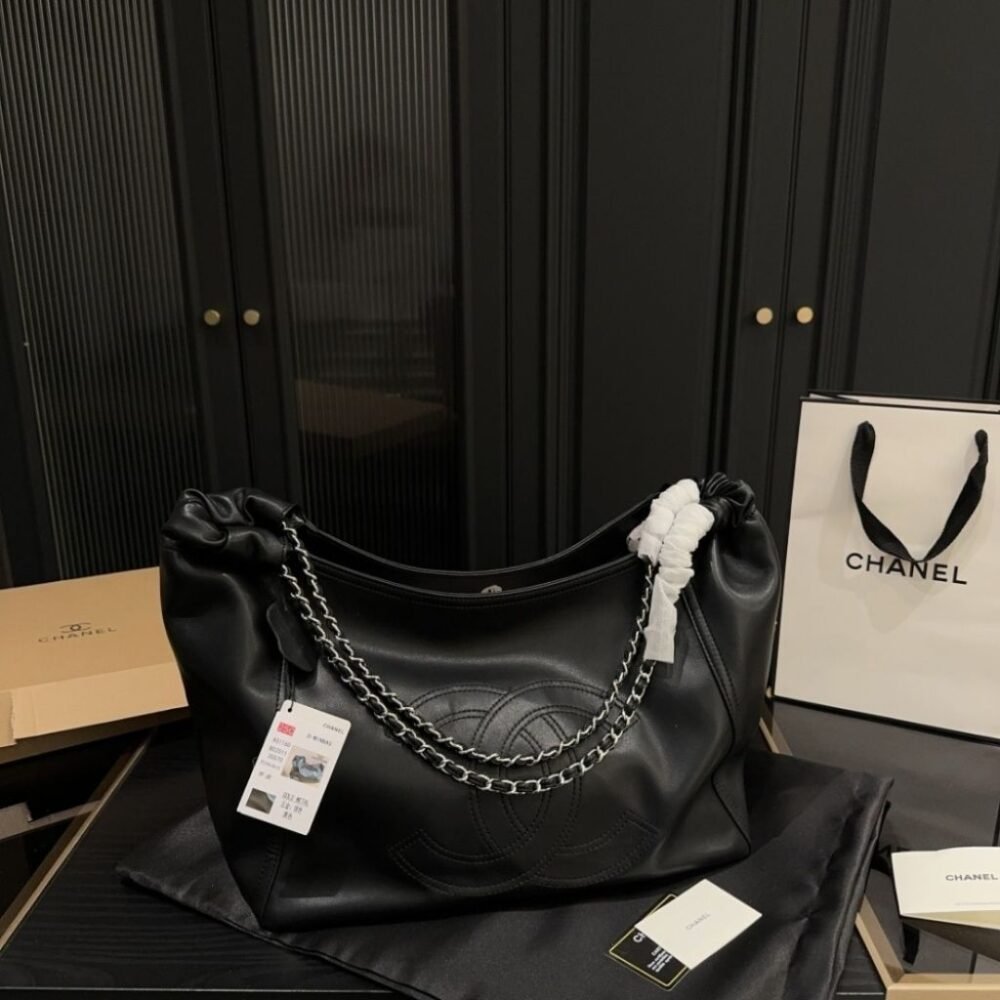 Chanel Large Hobo Bag Black Leather Chain Strap 36Cm