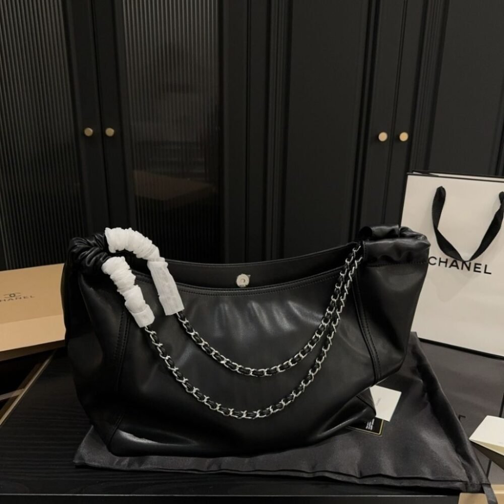Chanel Large Hobo Bag Black Leather Chain Strap 36Cm