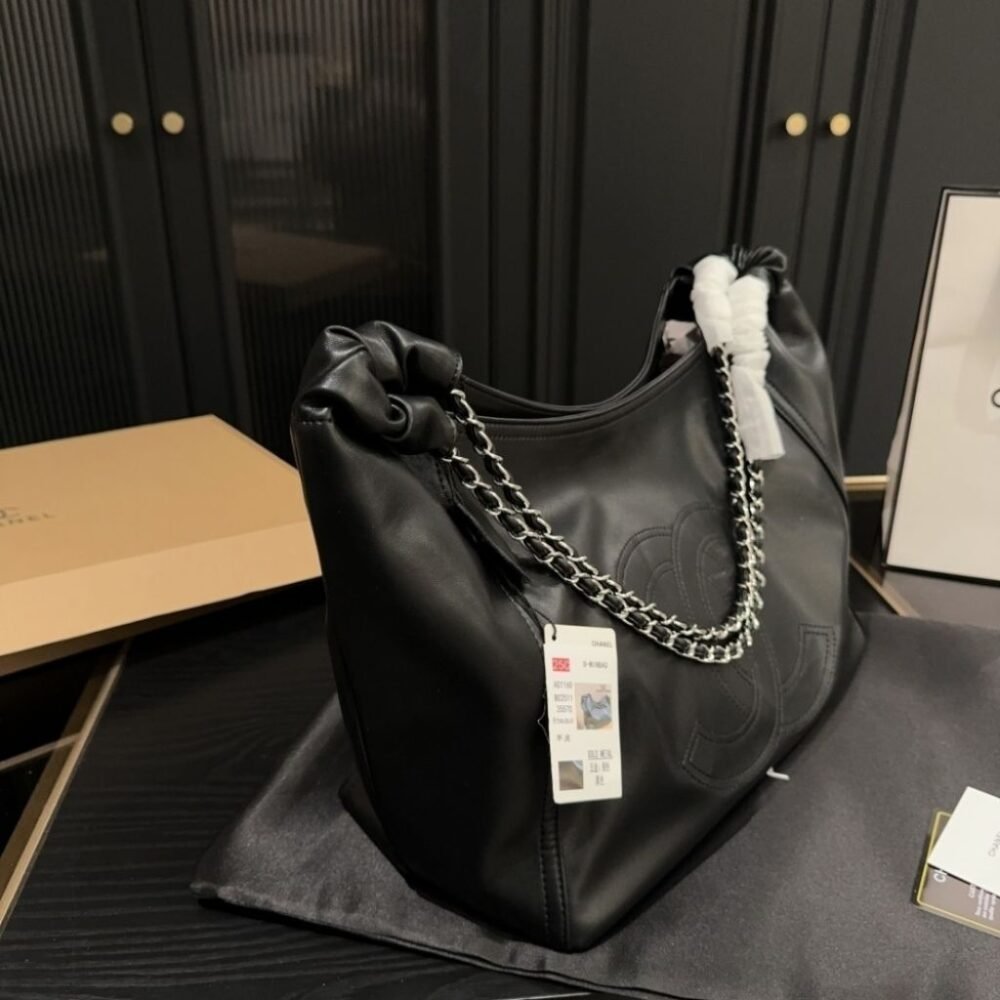 Chanel Large Hobo Bag Black Leather Chain Strap 36Cm