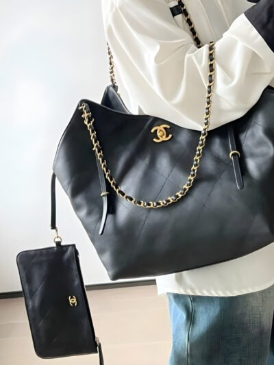 Chanel Large Shopping Bag And Gold Tone Metal Black 33Cm AS5463 B20565 94305