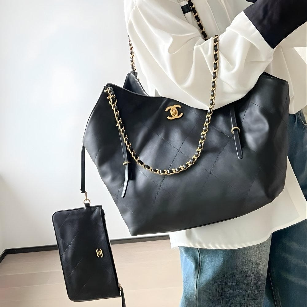 Chanel Large Shopping Bag And Gold Tone Metal Black 33Cm AS5463 B20565 94305