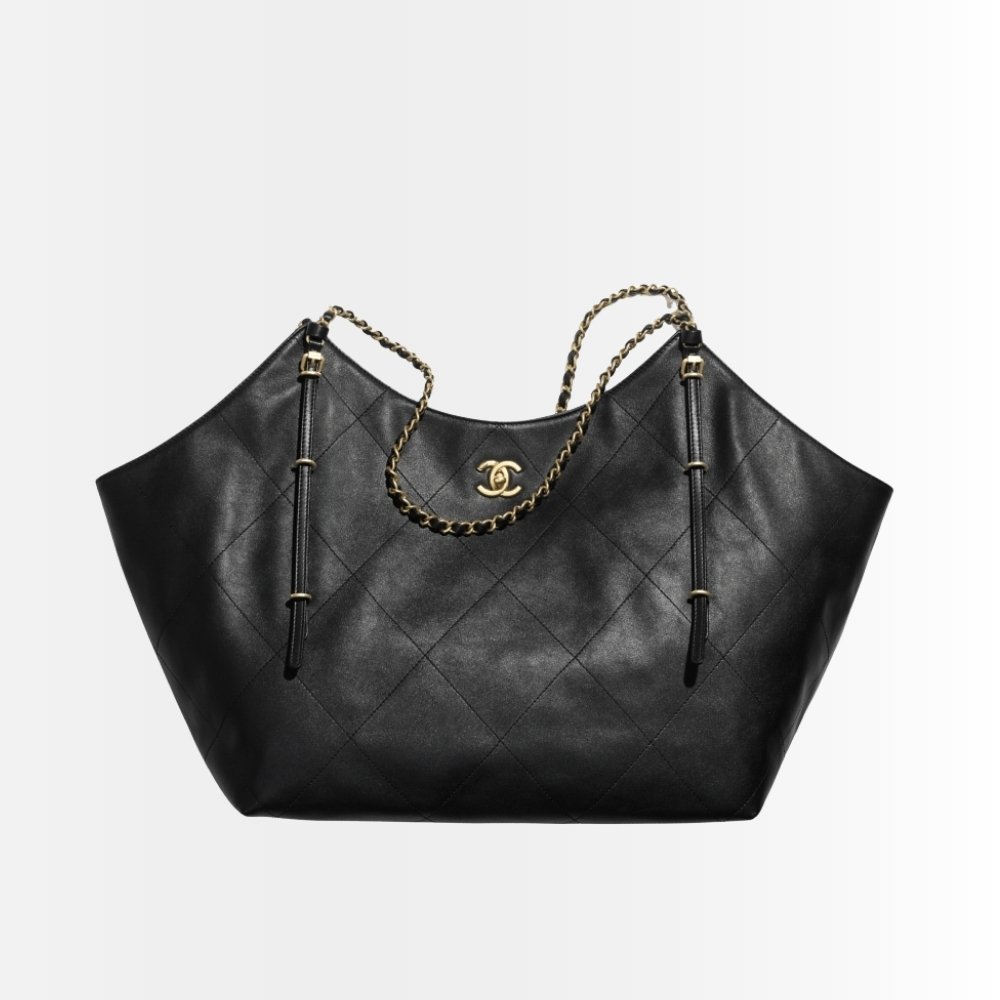 Chanel Large Shopping Bag And Gold Tone Metal Black 33Cm AS5463 B20565 94305