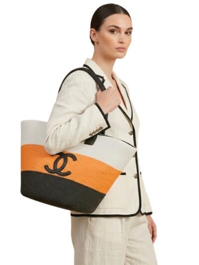 Chanel Large Shopping Bag Raffia Black White and Orange 48Cm