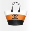 Chanel Large Shopping Bag Raffia Black White and Orange 48Cm