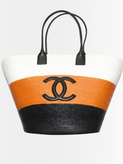 Chanel Large Shopping Bag Raffia Black White and Orange 48Cm