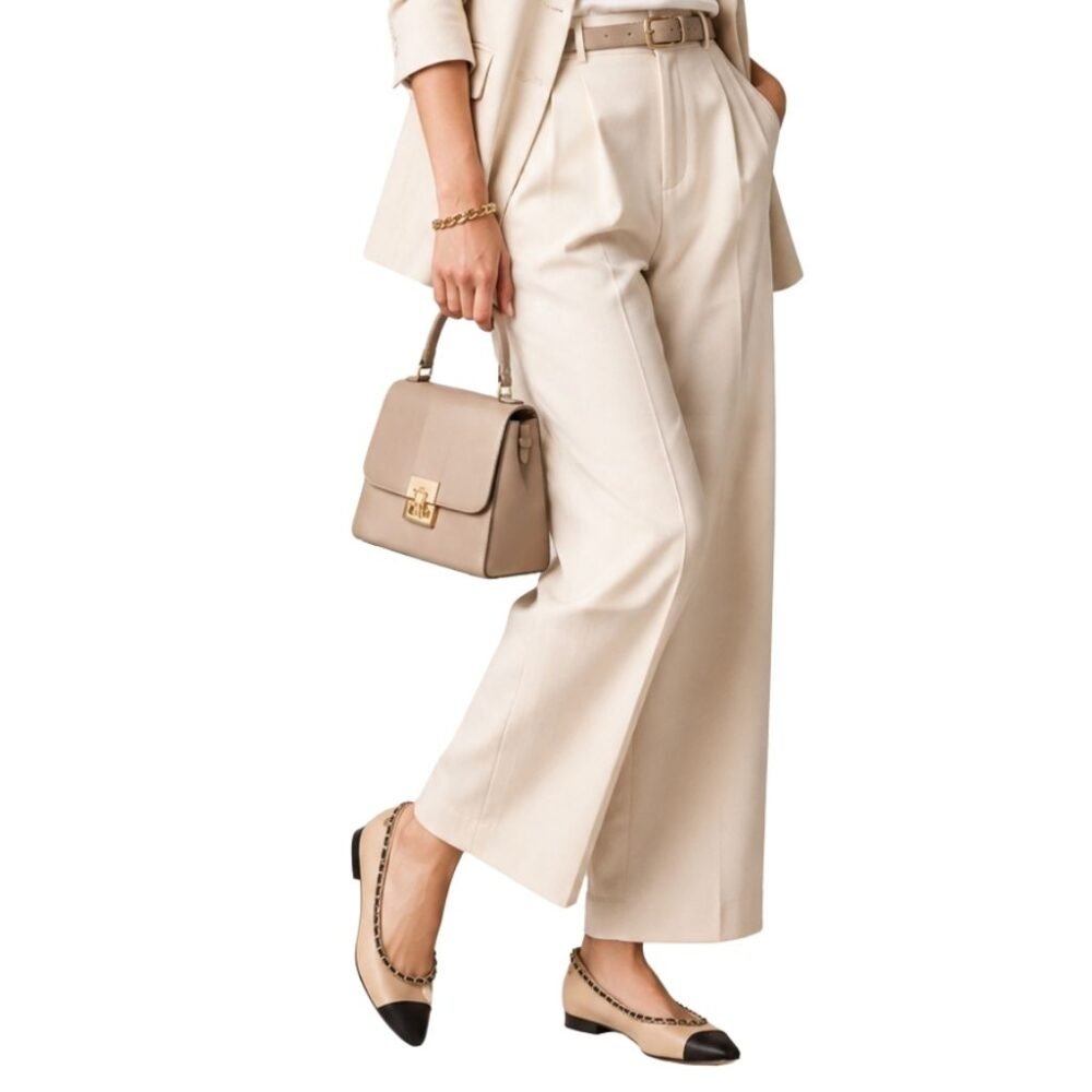 Chanel Leather And Fabric CC Chain Link Ballet Flats Beige And Black