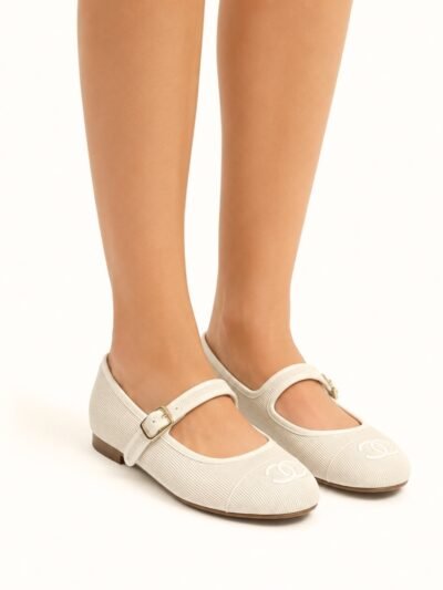 Chanel Mary Janes Knit Fabric Beige