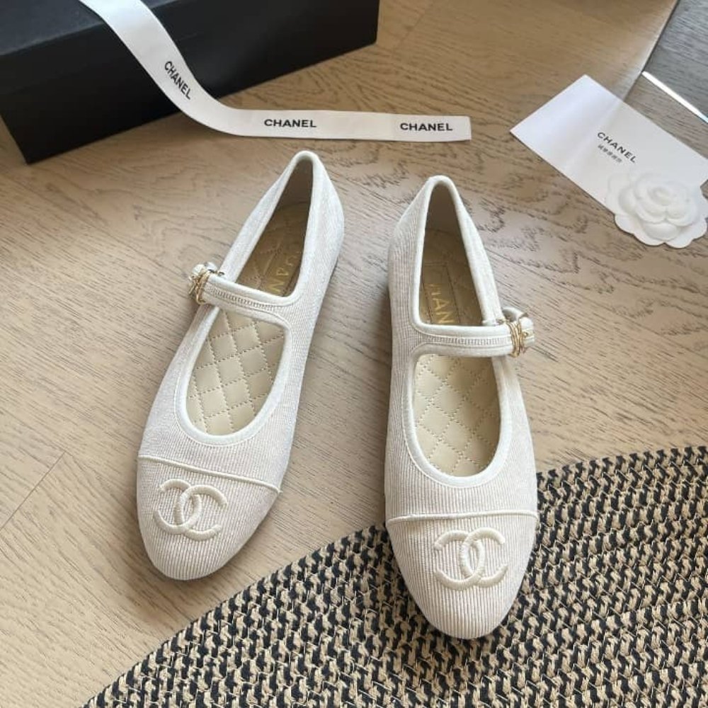 Chanel Mary Janes Knit Fabric Beige
