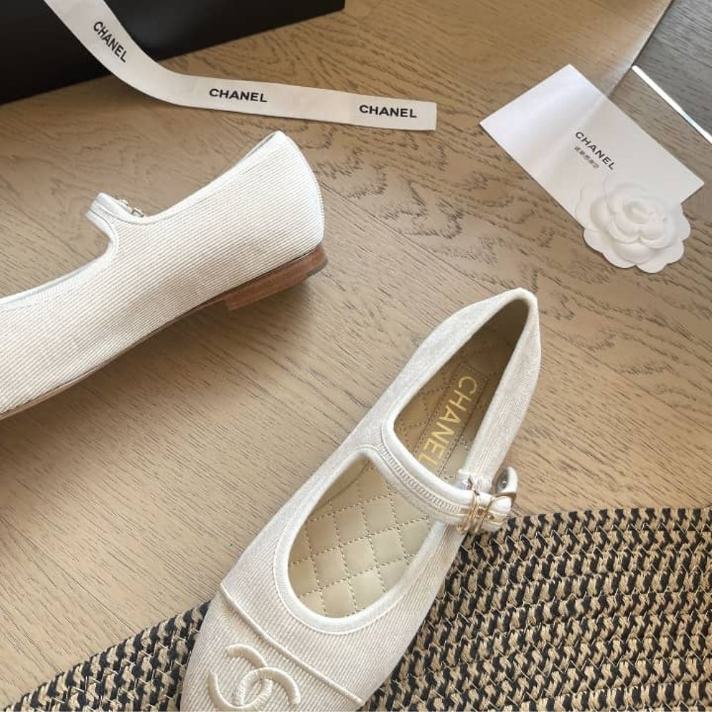Chanel Mary Janes Knit Fabric Beige