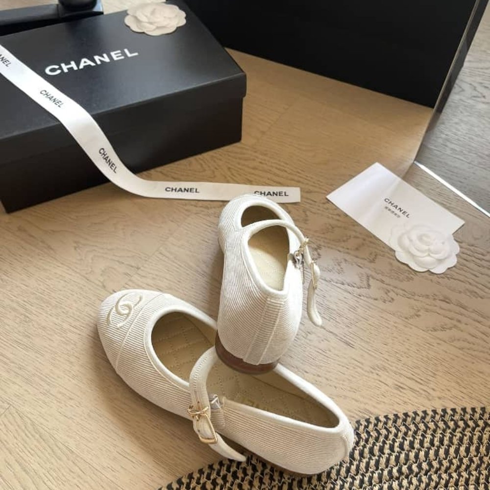 Chanel Mary Janes Knit Fabric Beige
