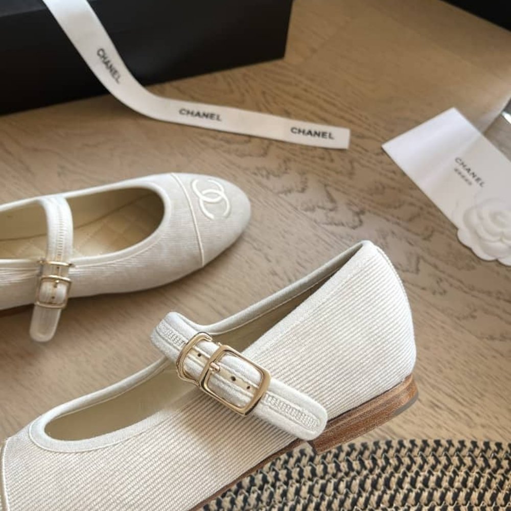 Chanel Mary Janes Knit Fabric Beige