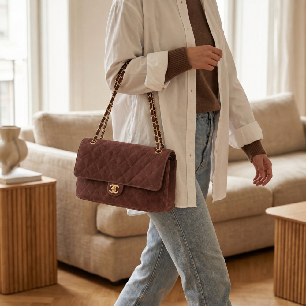 Chanel Maxi Flap Bag Suede Dark Brown 32cm AS6281 B24009 UA850