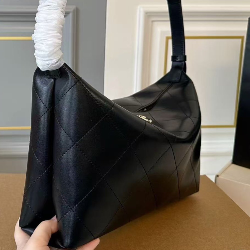 Chanel Maxi Hobo Bag Shiny Black Leather With Silver Toned Hardware 34Cm