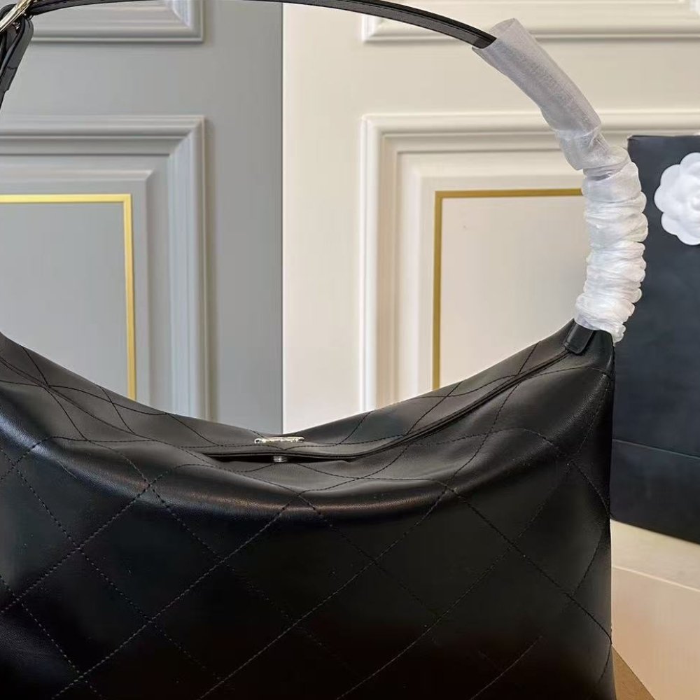 Chanel Maxi Hobo Bag Shiny Black Leather With Silver Toned Hardware 34Cm