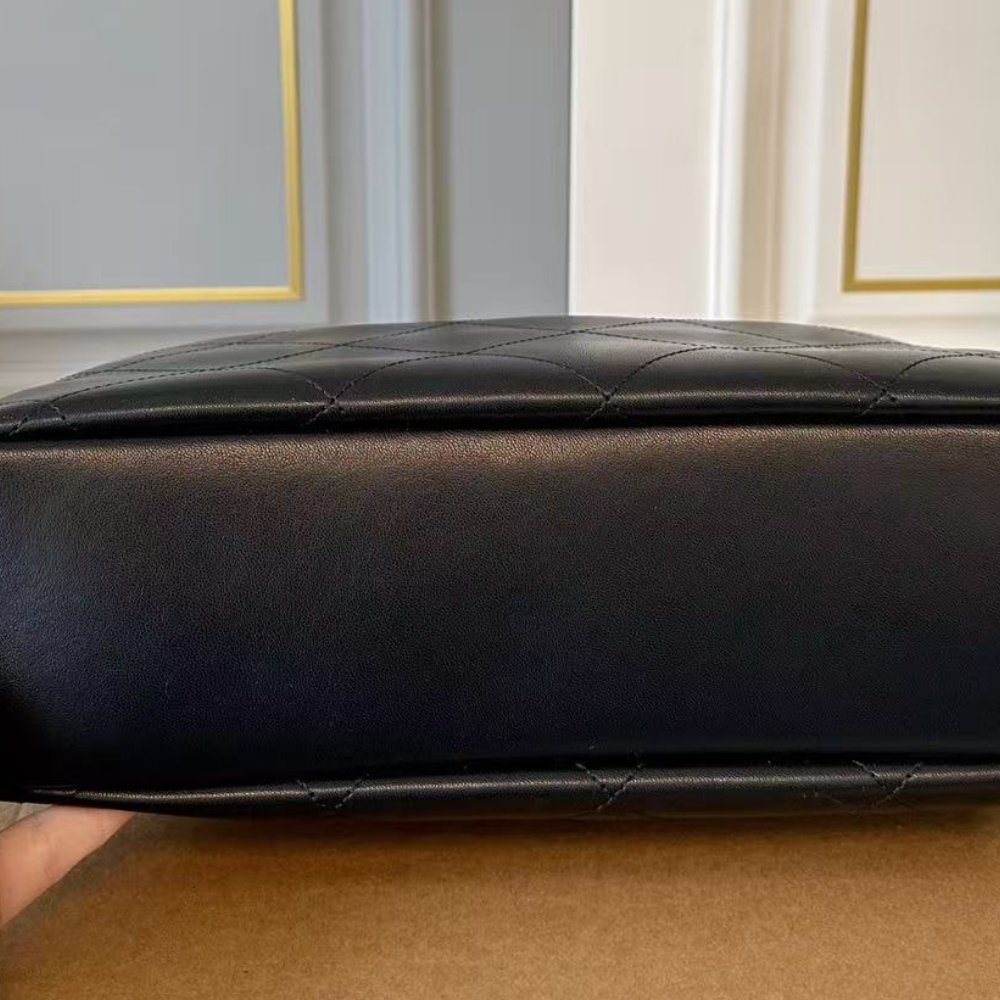 Chanel Maxi Hobo Bag Shiny Black Leather With Silver Toned Hardware 34Cm