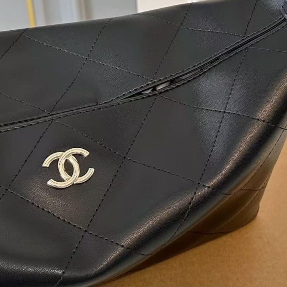 Chanel Maxi Hobo Bag Shiny Black Leather With Silver Toned Hardware 34Cm