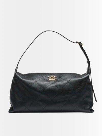 Chanel Maxi Hobo Bag Shiny Black Leather With Silver Toned Hardware 34Cm