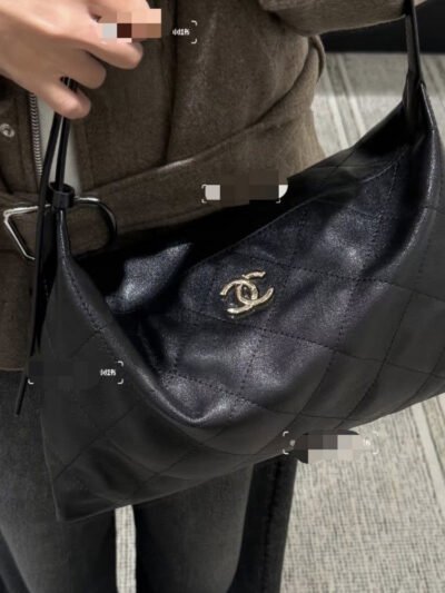 Chanel Maxi Hobo Bag Shiny Black Leather With Silver Toned Hardware 34Cm