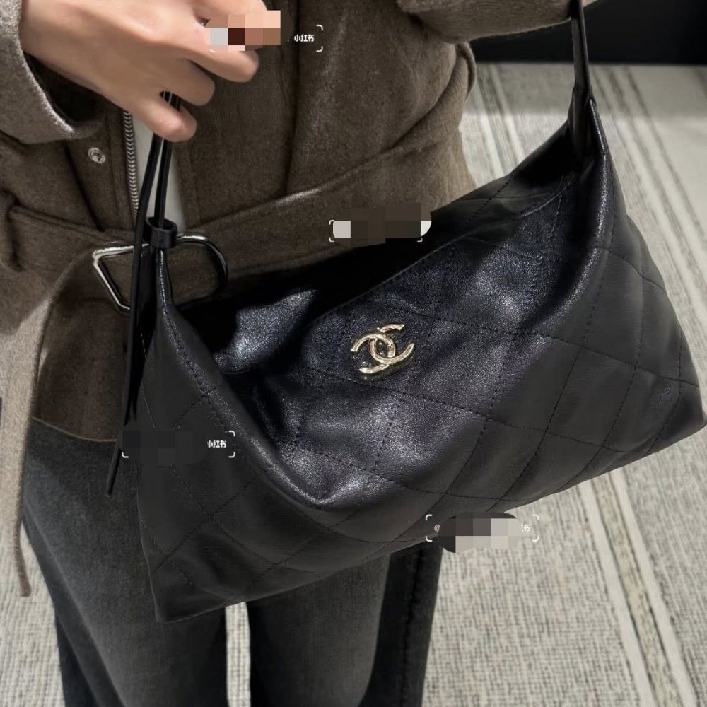 Chanel Maxi Hobo Bag Shiny Black Leather With Silver Toned Hardware 34Cm
