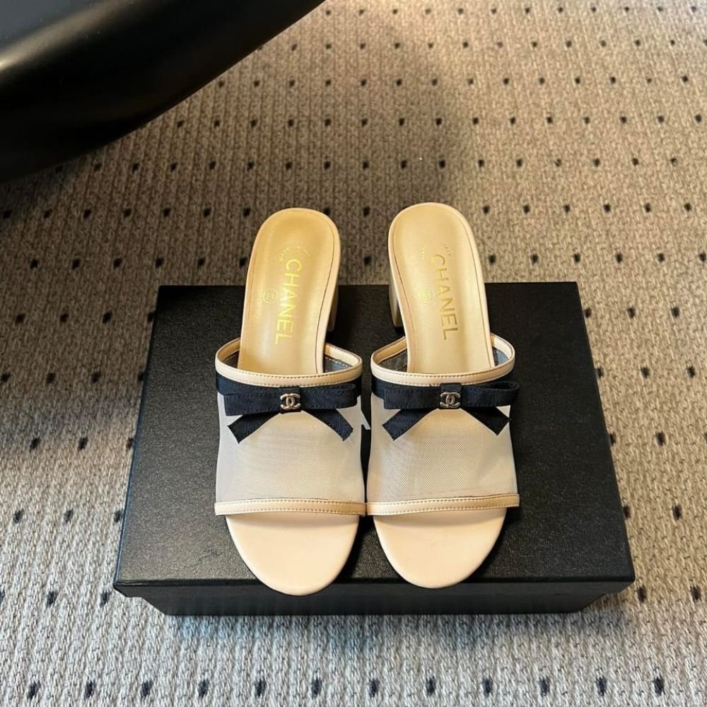 Chanel Mesh Bow Block Heel Mules Beige And Black
