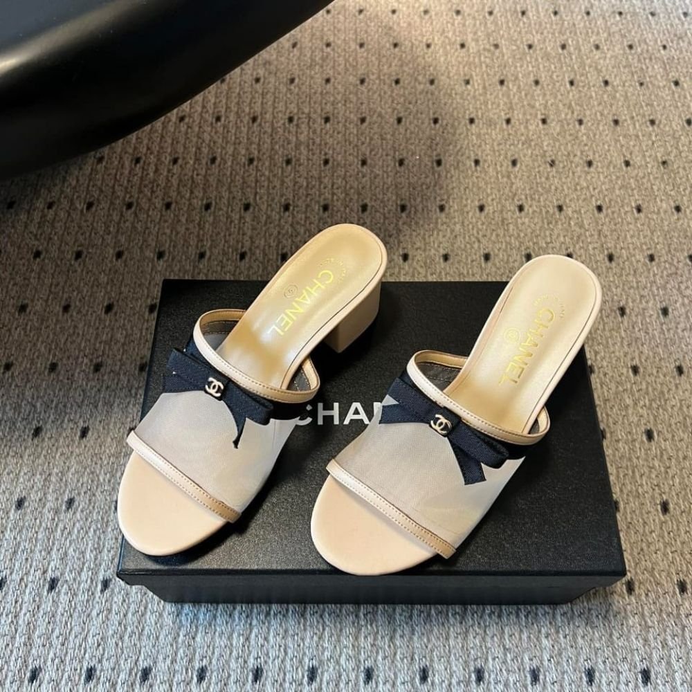 Chanel Mesh Bow Block Heel Mules Beige And Black