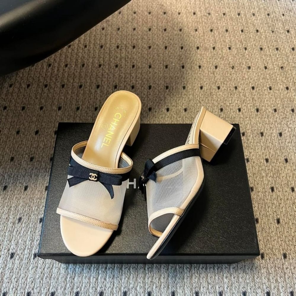 Chanel Mesh Bow Block Heel Mules Beige And Black