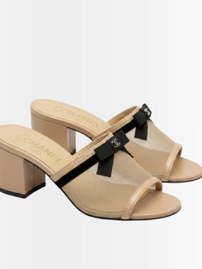 Chanel Mesh Bow Block Heel Mules Beige And Black
