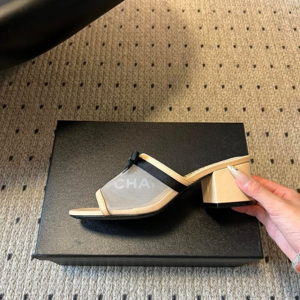 Chanel Mesh Bow Block Heel Mules Beige And Black