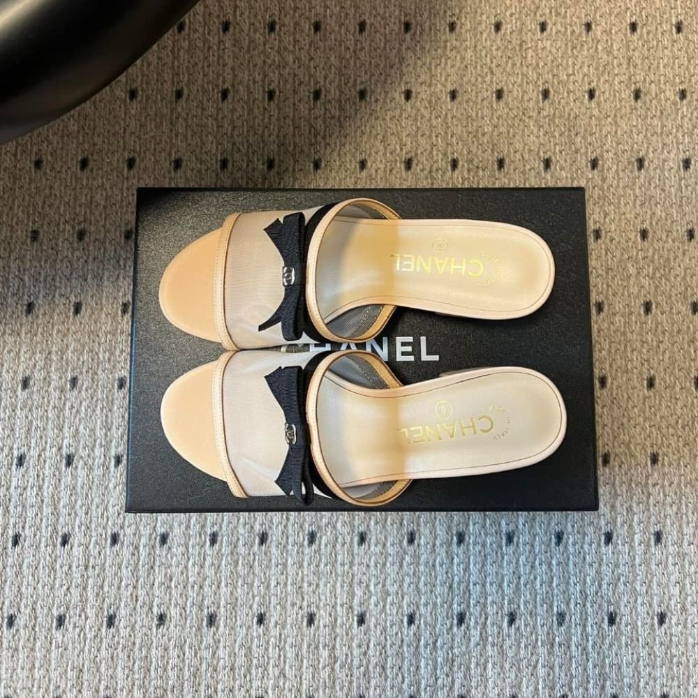 Chanel Mesh Bow Block Heel Mules Beige And Black