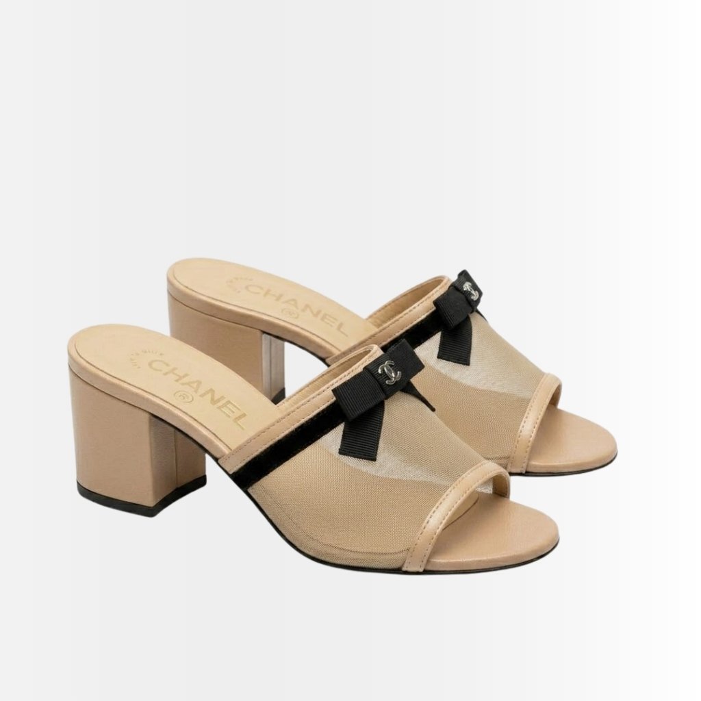 Chanel Mesh Bow Block Heel Mules Beige And Black