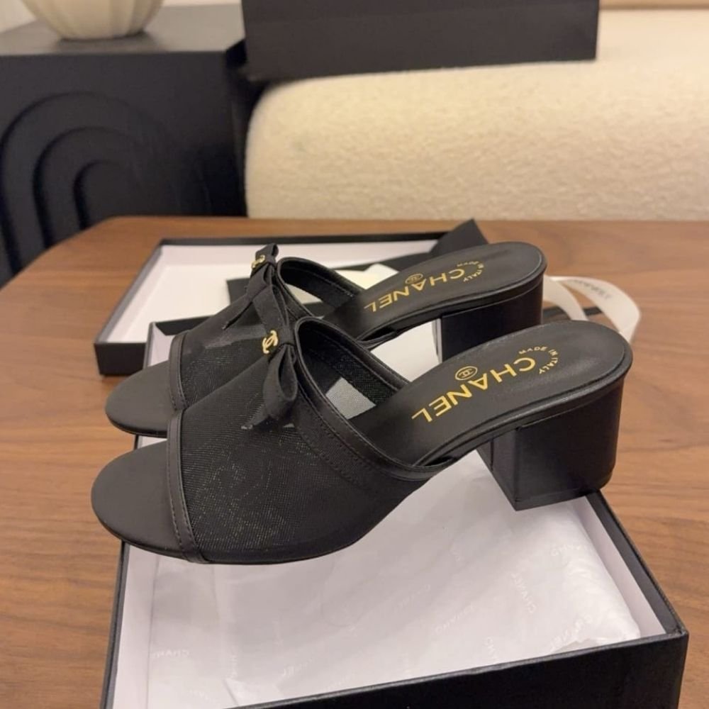 Chanel Mesh Bow Block Heel Mules Black