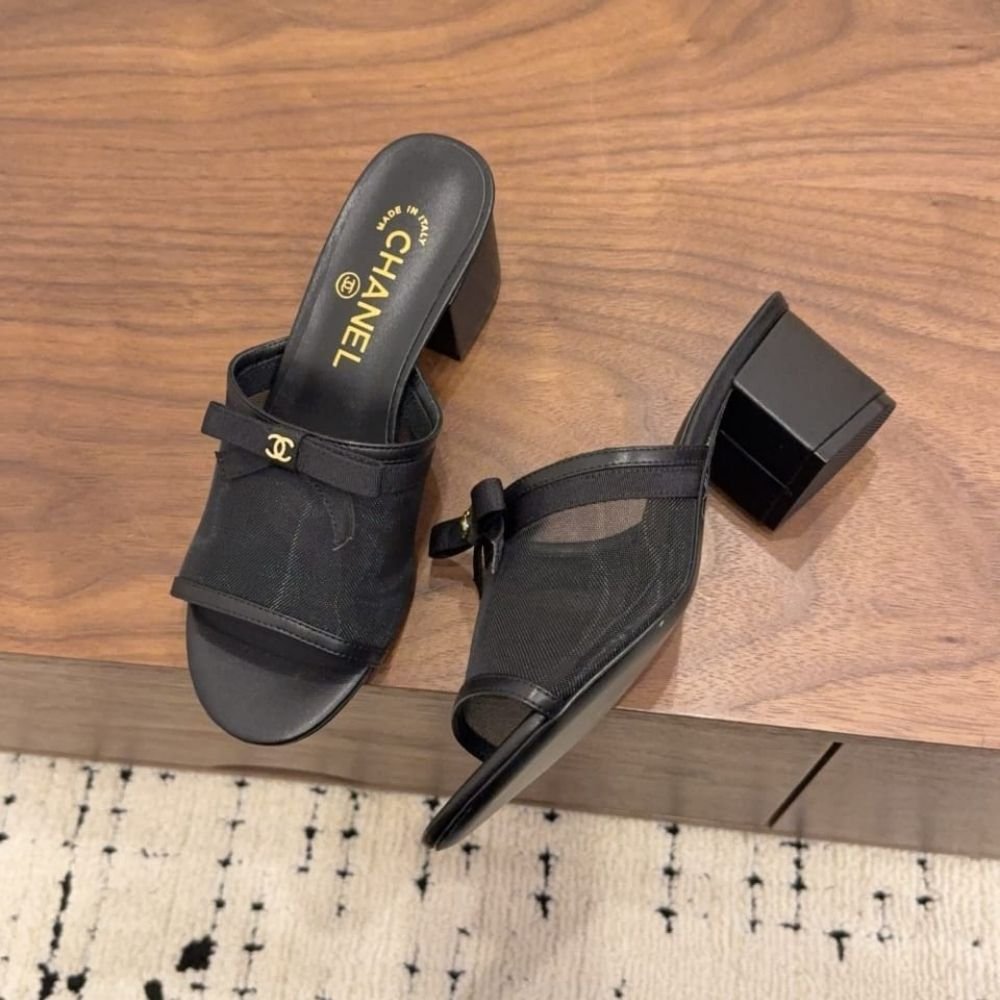 Chanel Mesh Bow Block Heel Mules Black