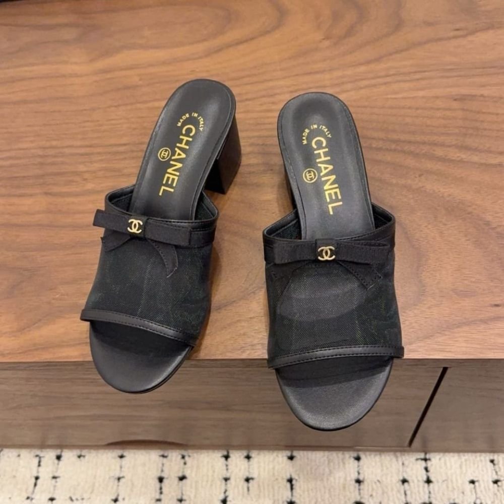 Chanel Mesh Bow Block Heel Mules Black