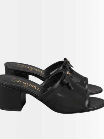 Chanel Mesh Bow Block Heel Mules Black