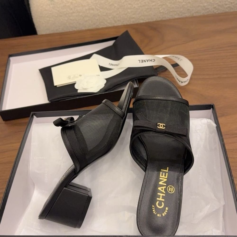 Chanel Mesh Bow Block Heel Mules Black
