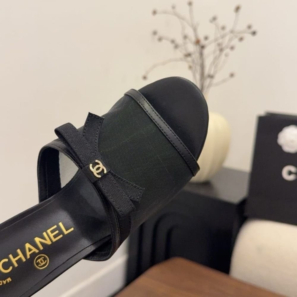 Chanel Mesh Bow Block Heel Mules Black