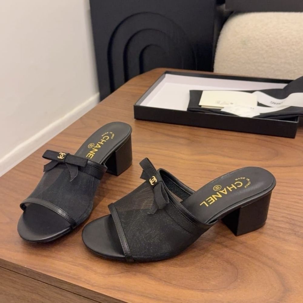 Chanel Mesh Bow Block Heel Mules Black