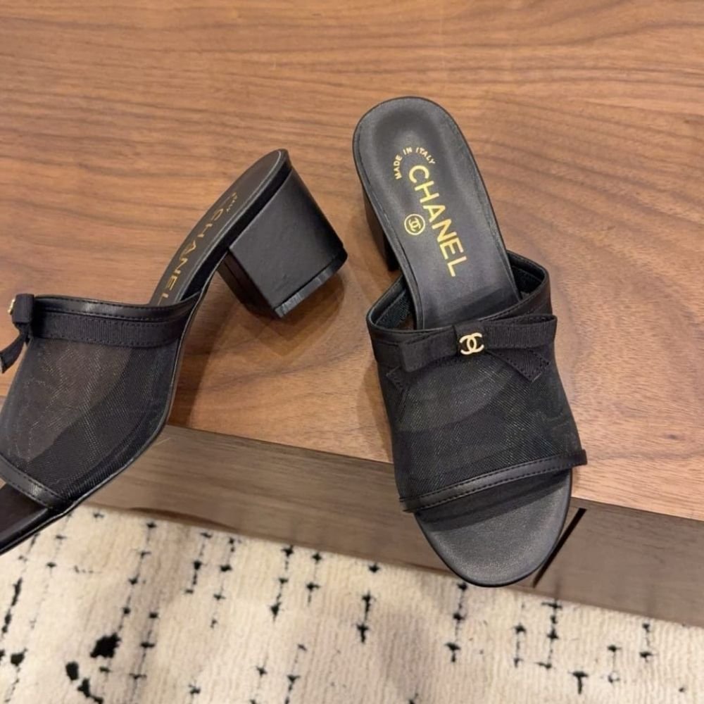 Chanel Mesh Bow Block Heel Mules Black