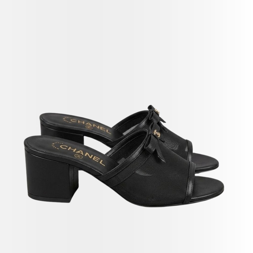 Chanel Mesh Bow Block Heel Mules Black