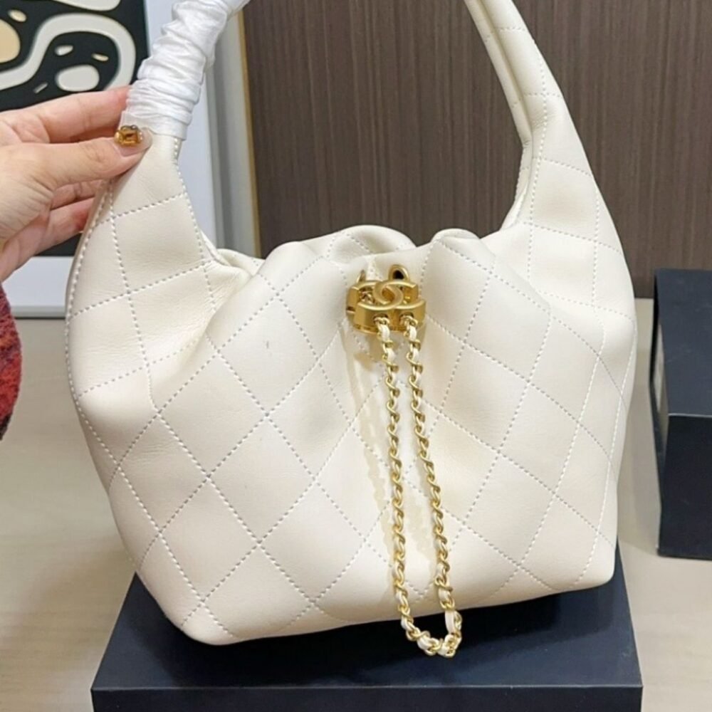 Chanel Mini Hobo Handbag Gold Tone Hardware White 19Cm AS5976 B22897 U4531