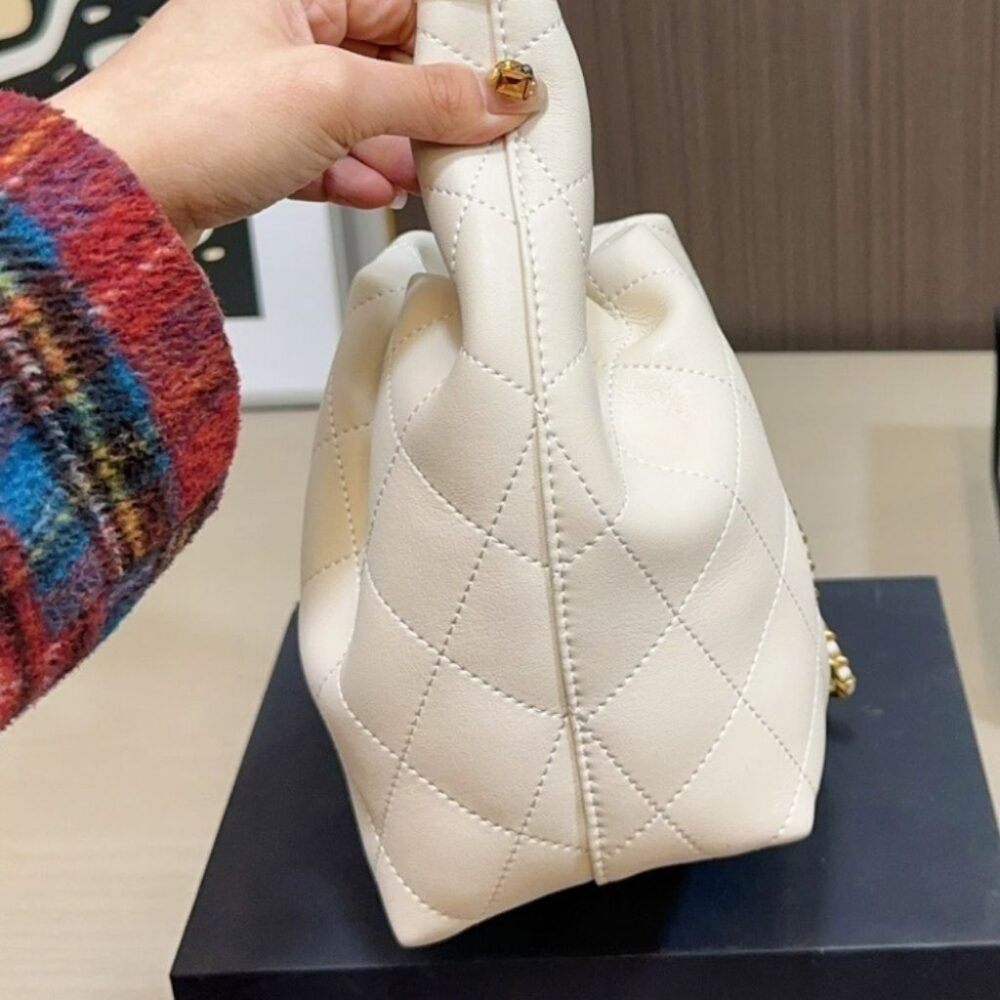 Chanel Mini Hobo Handbag Gold Tone Hardware White 19Cm AS5976 B22897 U4531