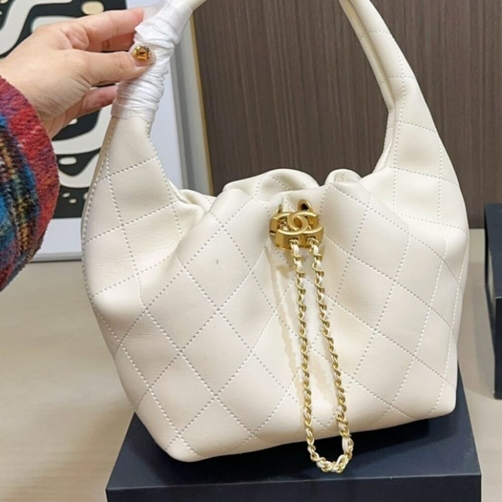 Chanel Mini Hobo Handbag Gold Tone Hardware White 19Cm AS5976 B22897 U4531