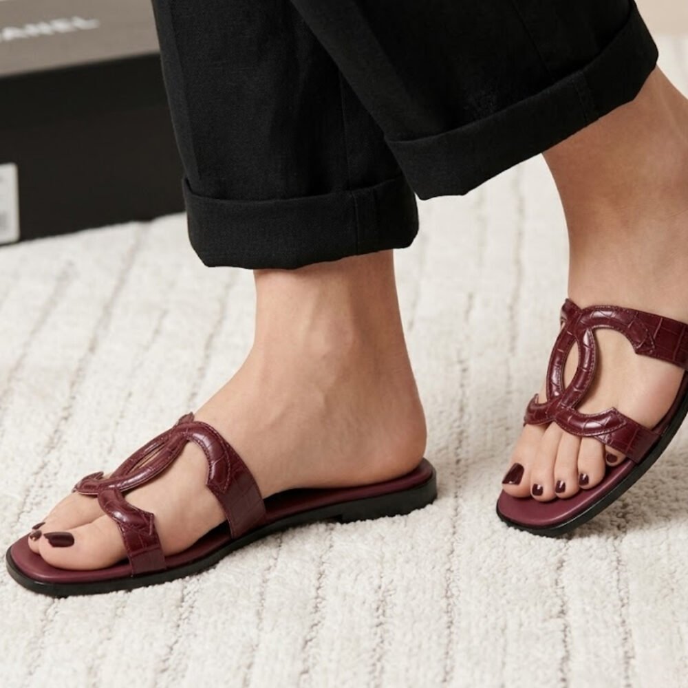 Chanel Mules Leather Dark Red