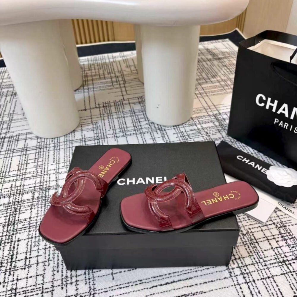 Chanel Mules Leather Dark Red